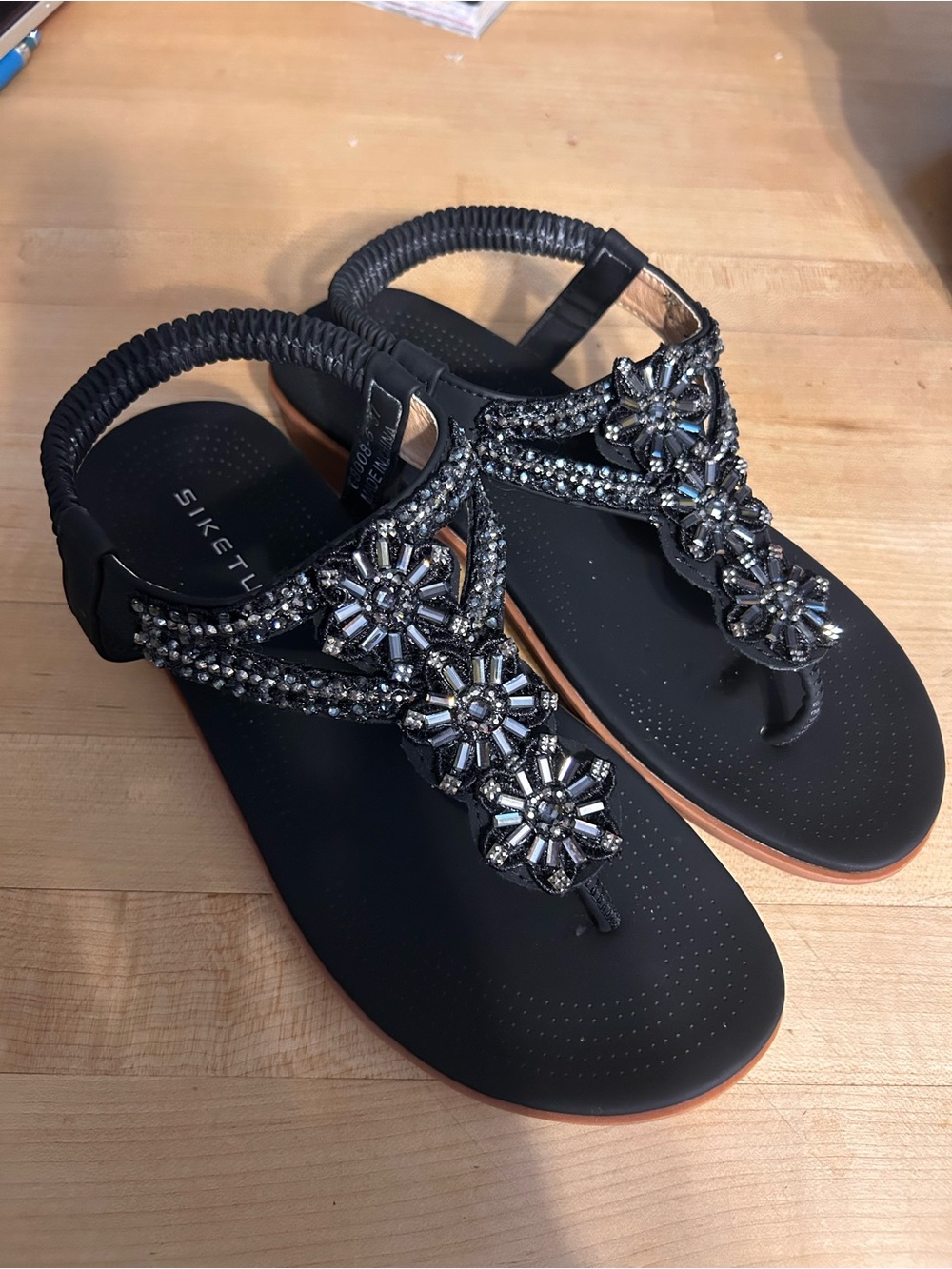 Black Jeweled T-Strap Sandals